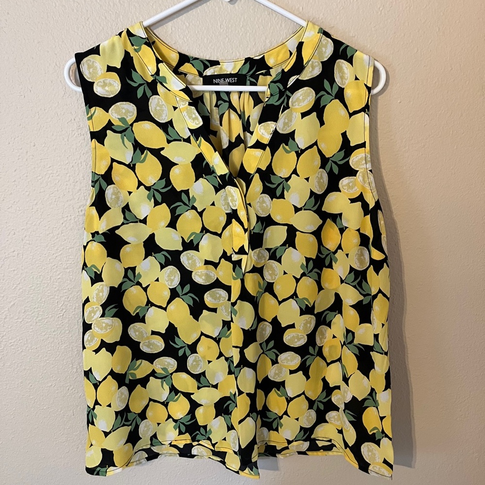 Nine West Lemon Print Blouse - Black and Yellow Size L